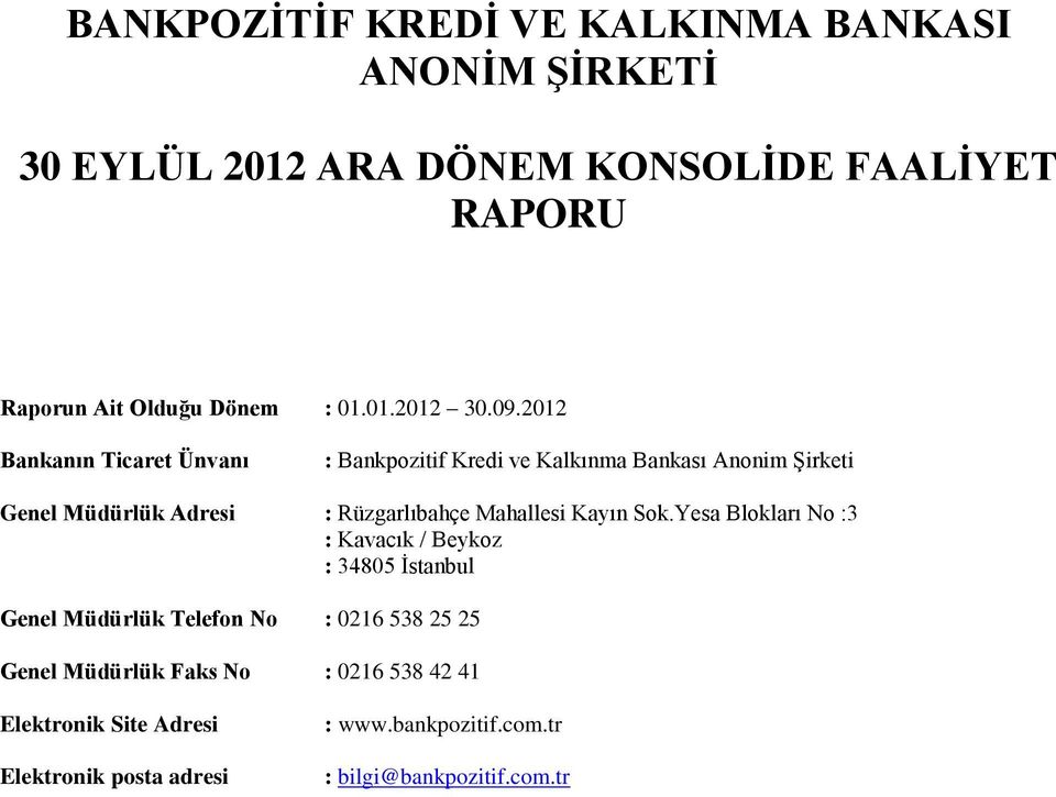 2012 Bankanın Ticaret Ünvanı : Bankpozitif Kredi ve Kalkınma Bankası Anonim Şirketi Genel Müdürlük Adresi : Rüzgarlıbahçe Mahallesi