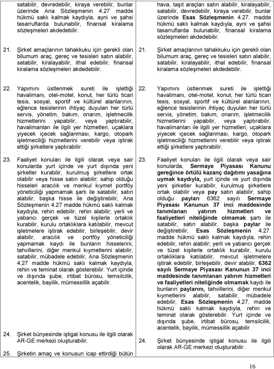 hava, taşıt araçları satın alabilir, kiralayabilir, satabilir, devredebilir, kiraya verebilir, bunlar üzerinde Esas Sözleşmenin 4.27.