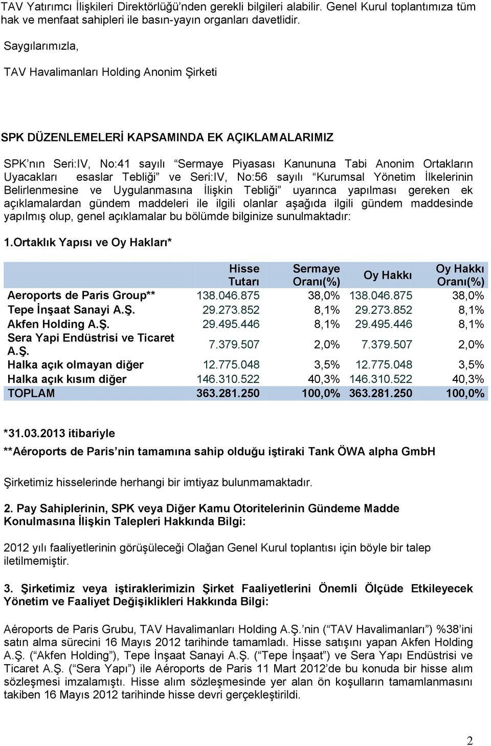 esaslar Tebliği ve Seri:IV, No:56 sayılı Kurumsal Yönetim İlkelerinin Belirlenmesine ve Uygulanmasına İlişkin Tebliği uyarınca yapılması gereken ek açıklamalardan gündem maddeleri ile ilgili olanlar