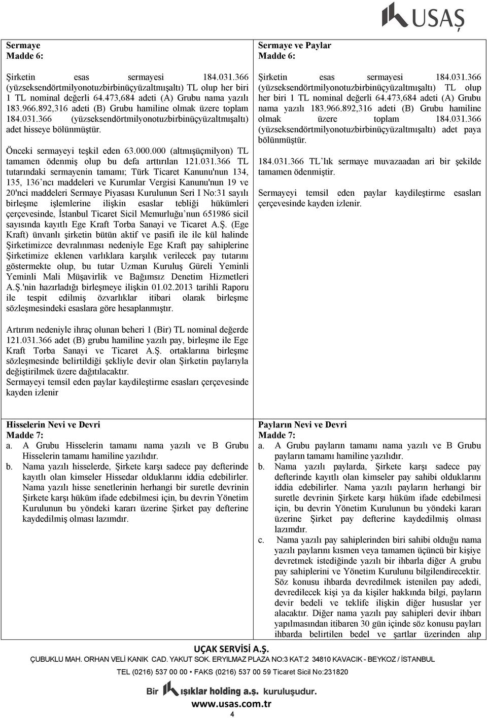 000 (altmışüçmilyon) TL tamamen ödenmiş olup bu defa arttırılan 121.031.