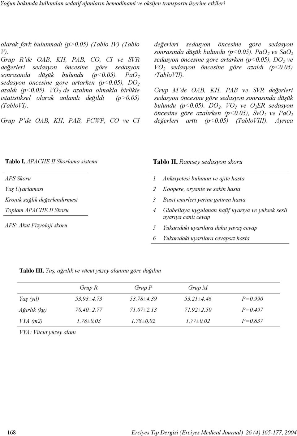 05) (TabloVI). Grup P de OAB, KH, PAB, PCWP, CO ve CI değerleri sedasyon öncesine göre sedasyon sonrasında düşük bulundu (p<0.05). PaO 2 ve SaO 2 sedasyon öncesine göre artarken (p<0.