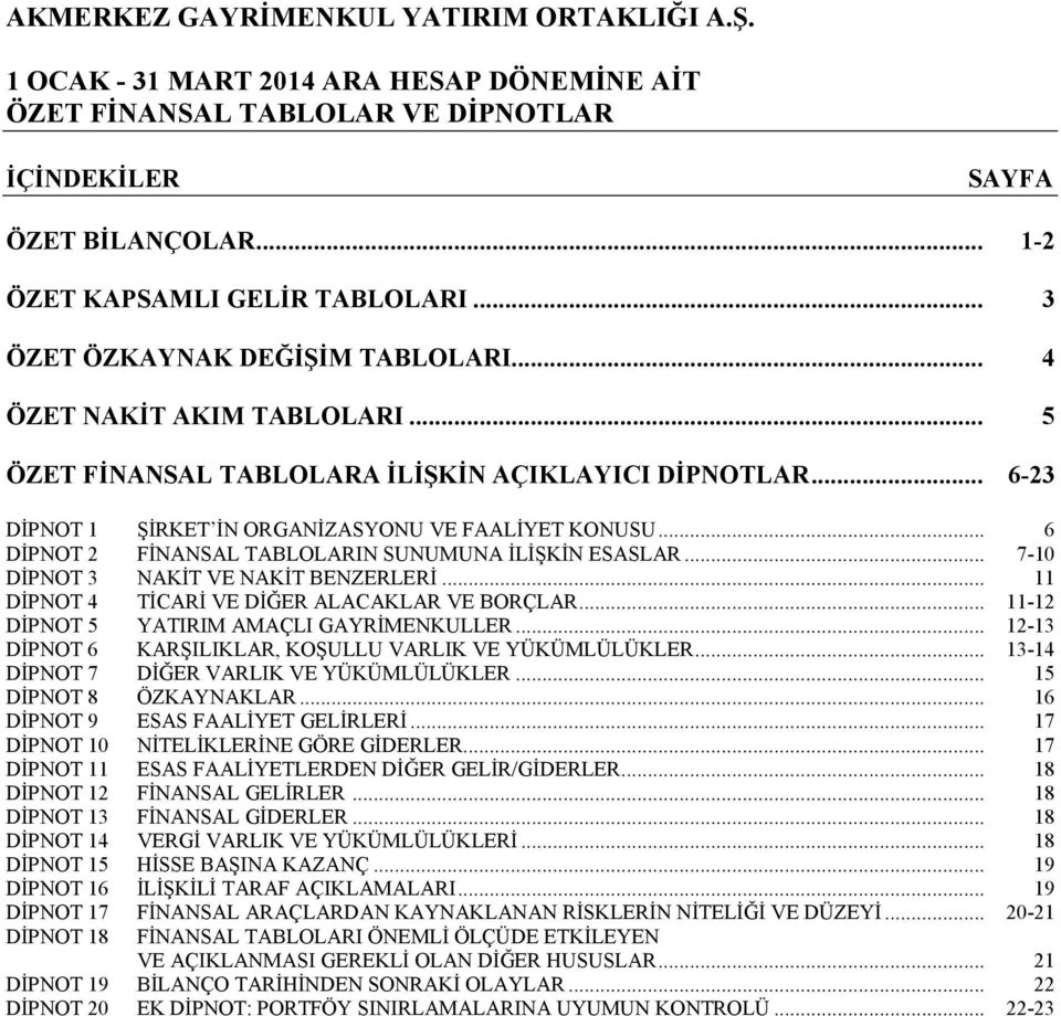 .. 11 DİPNOT 4 TİCARİ VE DİĞER ALACAKLAR VE BORÇLAR... 11-12 DİPNOT 5 YATIRIM AMAÇLI GAYRİMENKULLER... 12-13 DİPNOT 6 KARŞILIKLAR, KOŞULLU VARLIK VE YÜKÜMLÜLÜKLER.