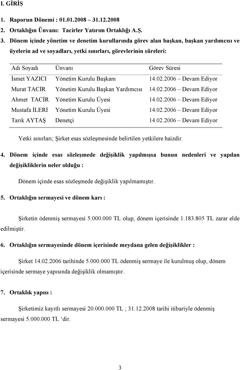 Dönem içinde yönetim ve denetim kurullarında görev alan başkan, başkan yardımcısı ve üyelerin ad ve soyadları, yetki sınırları, görevlerinin süreleri: Adı Soyadı Ünvanı Görev Süresi İsmet YAZICI