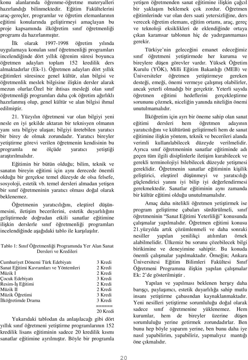 lk olarak 1997-1998 öretim yılında uygulamaya konulan sınıf öretmenlii programları incelendiinde dört yıllık örenim süresi boyunca öretmen adayları toplam 152 kredilik ders almaktadırlar (Ek-1).