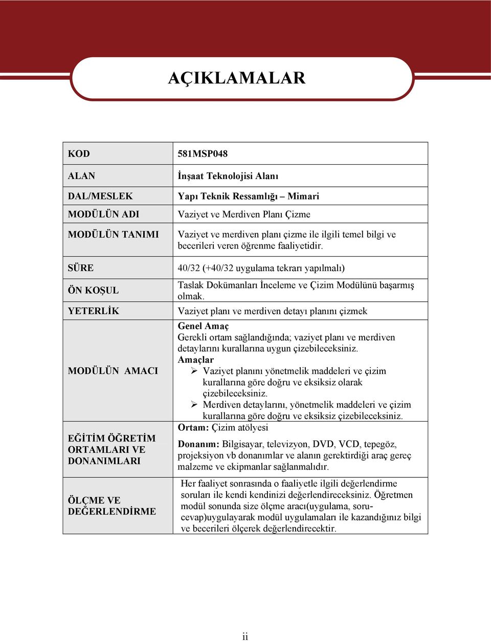 40/32 (+40/32 uygulama tekrarı yapılmalı) Taslak Dokümanları İnceleme ve Çizim Modülünü başarmış olmak.