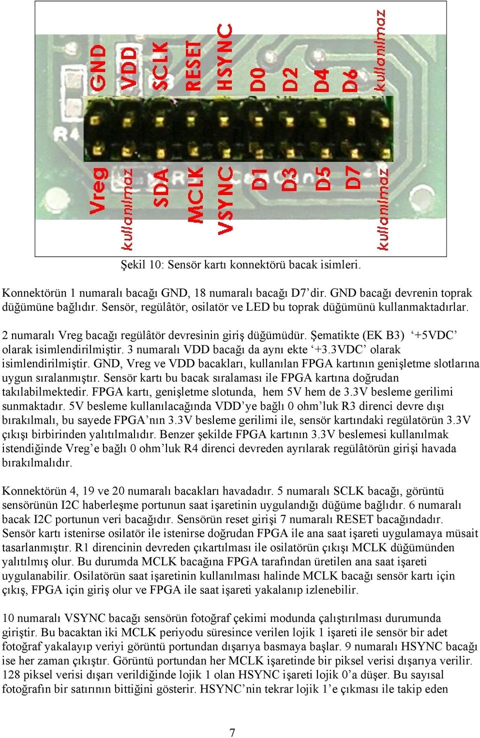 3 numaralı VDD bacağı da aynı ekte +3.3VDC olarak isimlendirilmiştir. GND, Vreg ve VDD bacakları, kullanılan FPGA kartının genişletme slotlarına uygun sıralanmıştır.
