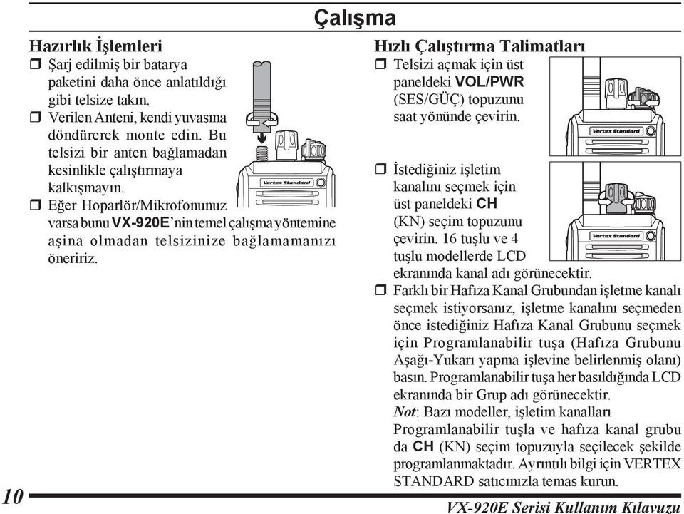 Çalışma Hızlı Çalıştırma Talimatları r Telsizi açmak için üst paneldeki VOL/PWR (SES/GÜÇ) topuzunu saat yönünde çevirin.