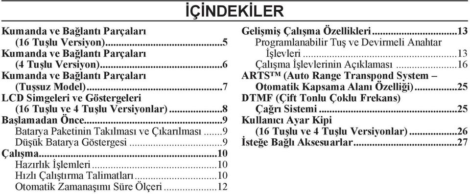 ..10 Hazırlık İşlemleri...10 Hızlı Çalıştırma Talimatları...10 Otomatik Zamanaşımı Süre Ölçeri...12 İÇİNDEKİLER Gelişmiş Çalışma Özellikleri.