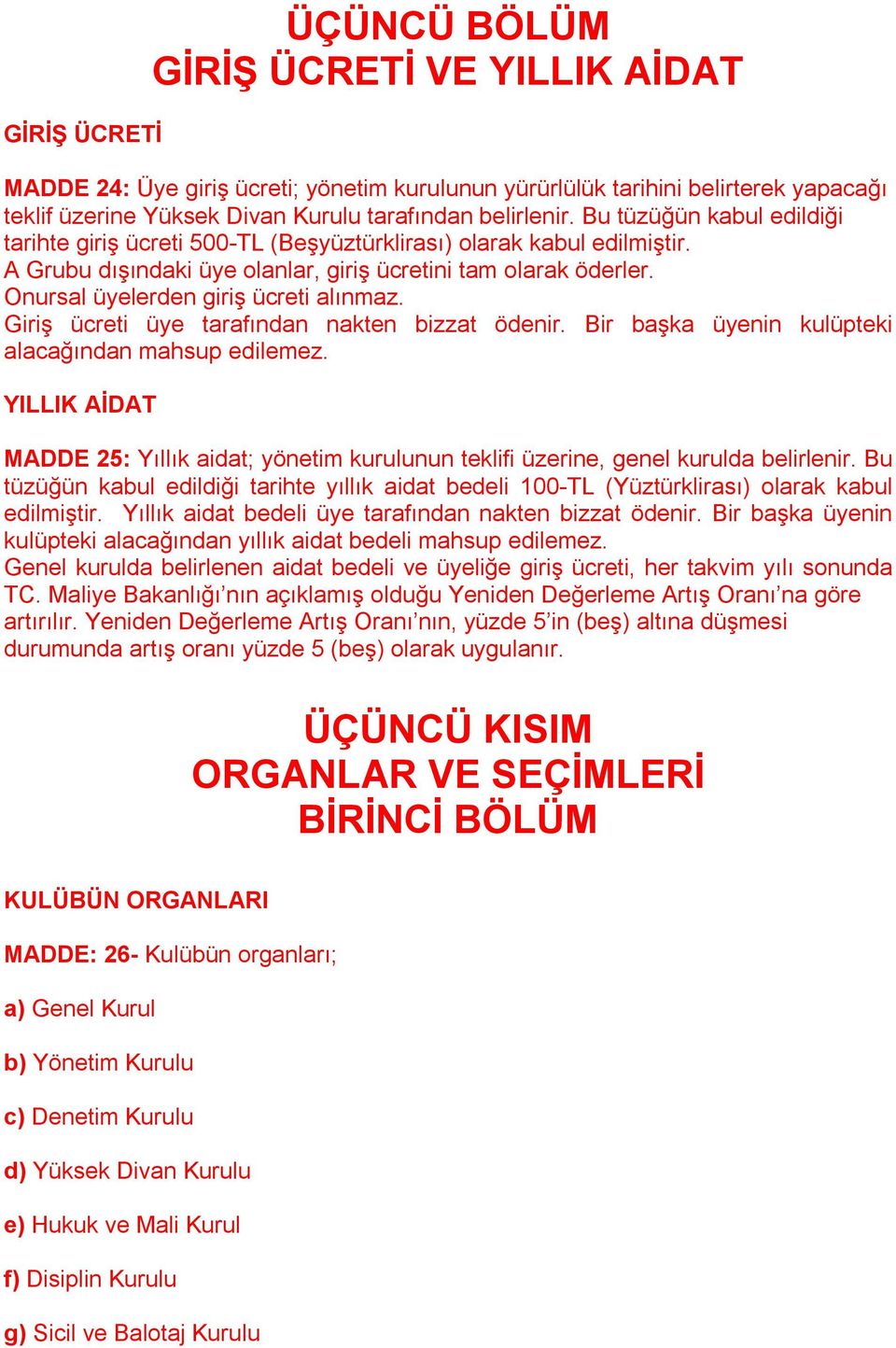 Onursal üyelerden giriş ücreti alınmaz. Giriş ücreti üye tarafından nakten bizzat ödenir. Bir başka üyenin kulüpteki alacağından mahsup edilemez.