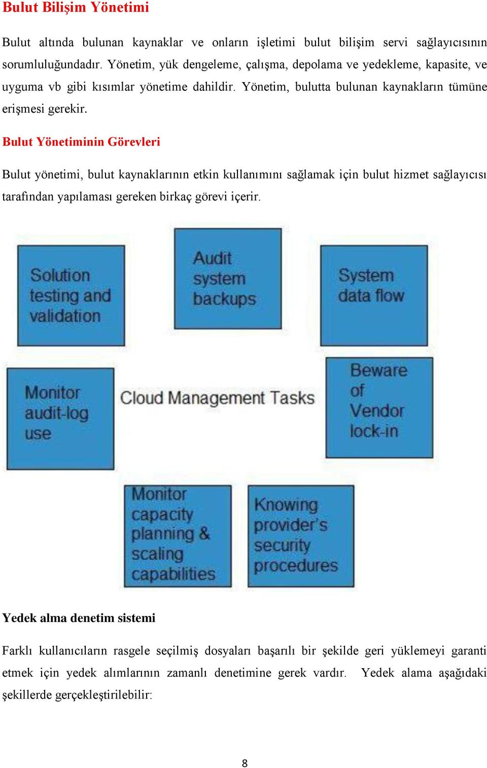 Bulut Yönetiminin Görevleri Bulut yönetimi, bulut kaynaklarının etkin kullanımını sağlamak için bulut hizmet sağlayıcısı tarafından yapılaması gereken birkaç görevi içerir.