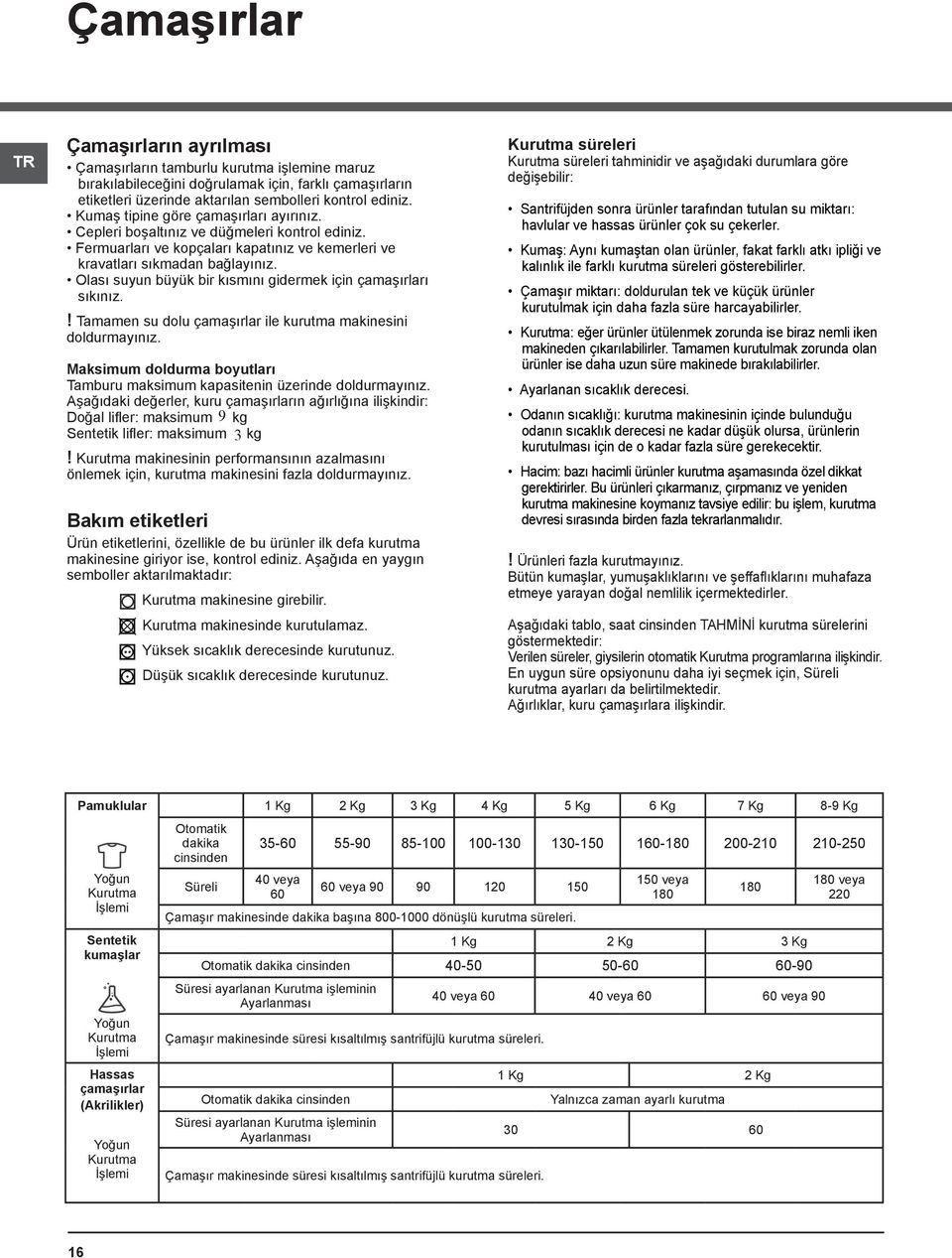 Olası suyun büyük bir kısmını gidermek için çamaşırları sıkınız.! Tamamen su dolu çamaşırlar ile kurutma makinesini doldurmayınız.