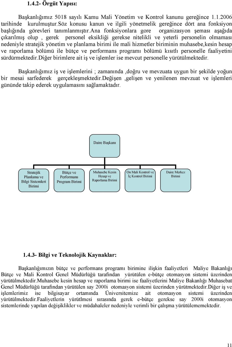 ana fonksiyonlara gore organizasyon şeması aşağıda çıkarılmış olup, gerek personel eksikliği gerekse nitelikli ve yeterli personelin olmaması nedeniyle stratejik yönetim ve planlama birimi ile mali