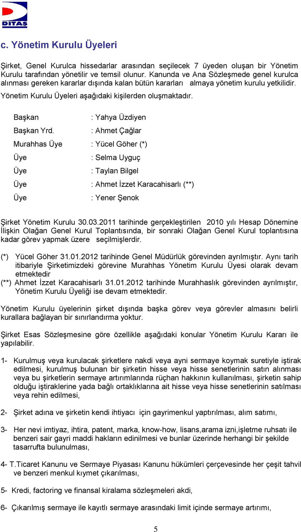 Başkan Başkan Yrd. : Yahya Üzdiyen : Ahmet Çağlar Murahhas Üye : Yücel Göher (*) Üye Üye : Selma Uyguç : Taylan Bilgel Üye : Ahmet İzzet Karacahisarlı (**) Üye : Yener Şenok Şirket Yönetim Kurulu 30.