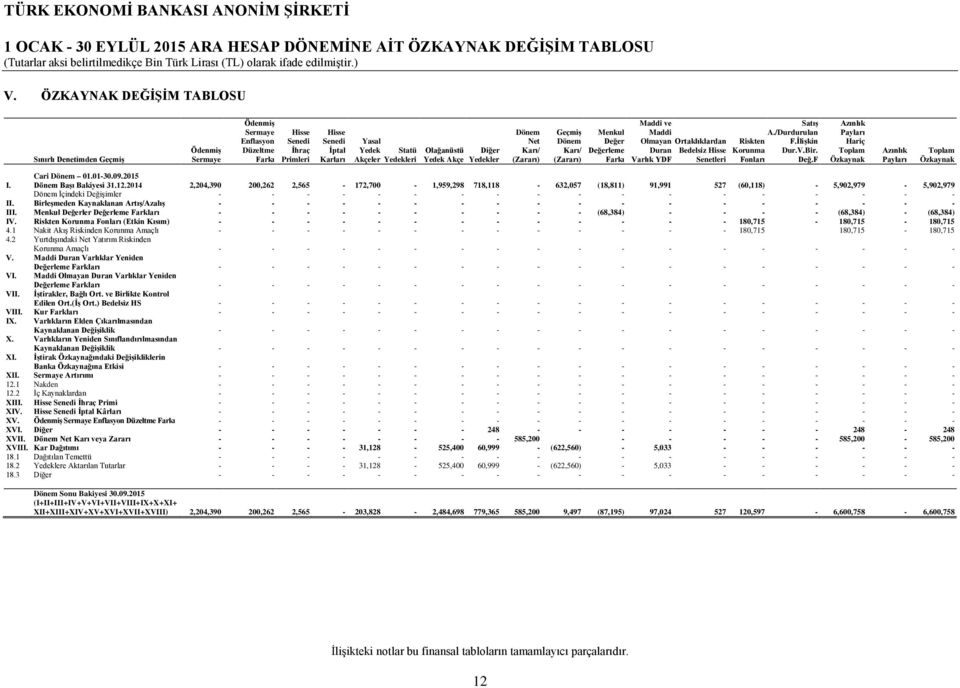 Olağanüstü Yedek Akçe Diğer Yedekler Dönem Net Karı/ (Zararı) Geçmiş Dönem Karı/ (Zararı) Menkul Değer Değerleme Farkı Maddi ve Maddi Olmayan Duran Varlık YDF Ortaklıklardan Bedelsiz Hisse Senetleri