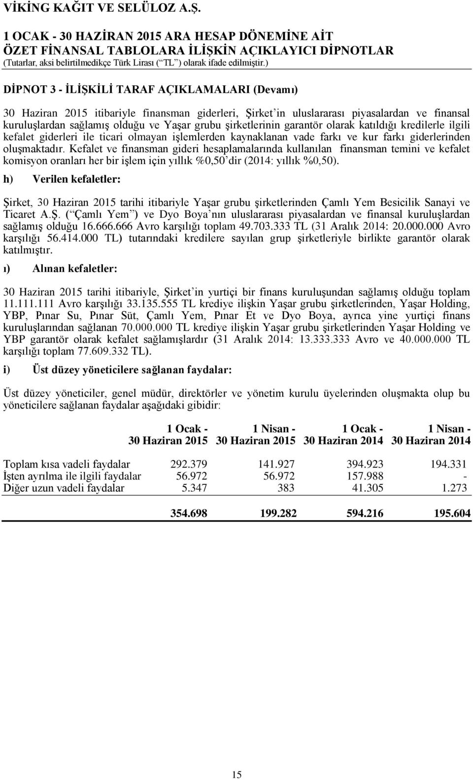 Kefalet ve finansman gideri hesaplamalarında kullanılan finansman temini ve kefalet komisyon oranları her bir işlem için yıllık %0,50 dir (2014: yıllık %0,50).