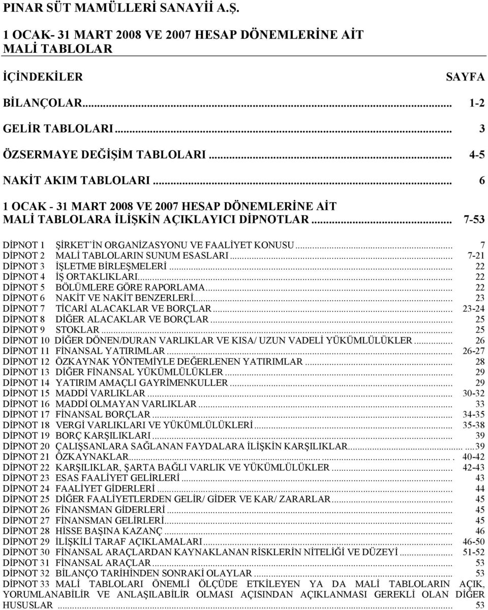 .. 22 DİPNOT 5 BÖLÜMLERE GÖRE RAPORLAMA... 22 DİPNOT 6 NAKİT VE NAKİT BENZERLERİ... 23 DİPNOT 7 TİCARİ ALACAKLAR VE BORÇLAR... 23-24 DİPNOT 8 DİĞER ALACAKLAR VE BORÇLAR... 25 DİPNOT 9 STOKLAR.