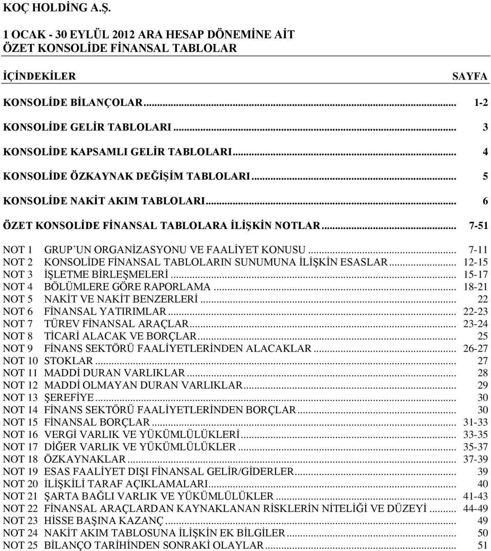 .. 7-11 NOT 2 KONSOLİDE FİNANSAL TABLOLARIN SUNUMUNA İLİŞKİN ESASLAR... 12-15 NOT 3 İŞLETME BİRLEŞMELERİ... 15-17 NOT 4 BÖLÜMLERE GÖRE RAPORLAMA... 18-21 NOT 5 NAKİT VE NAKİT BENZERLERİ.