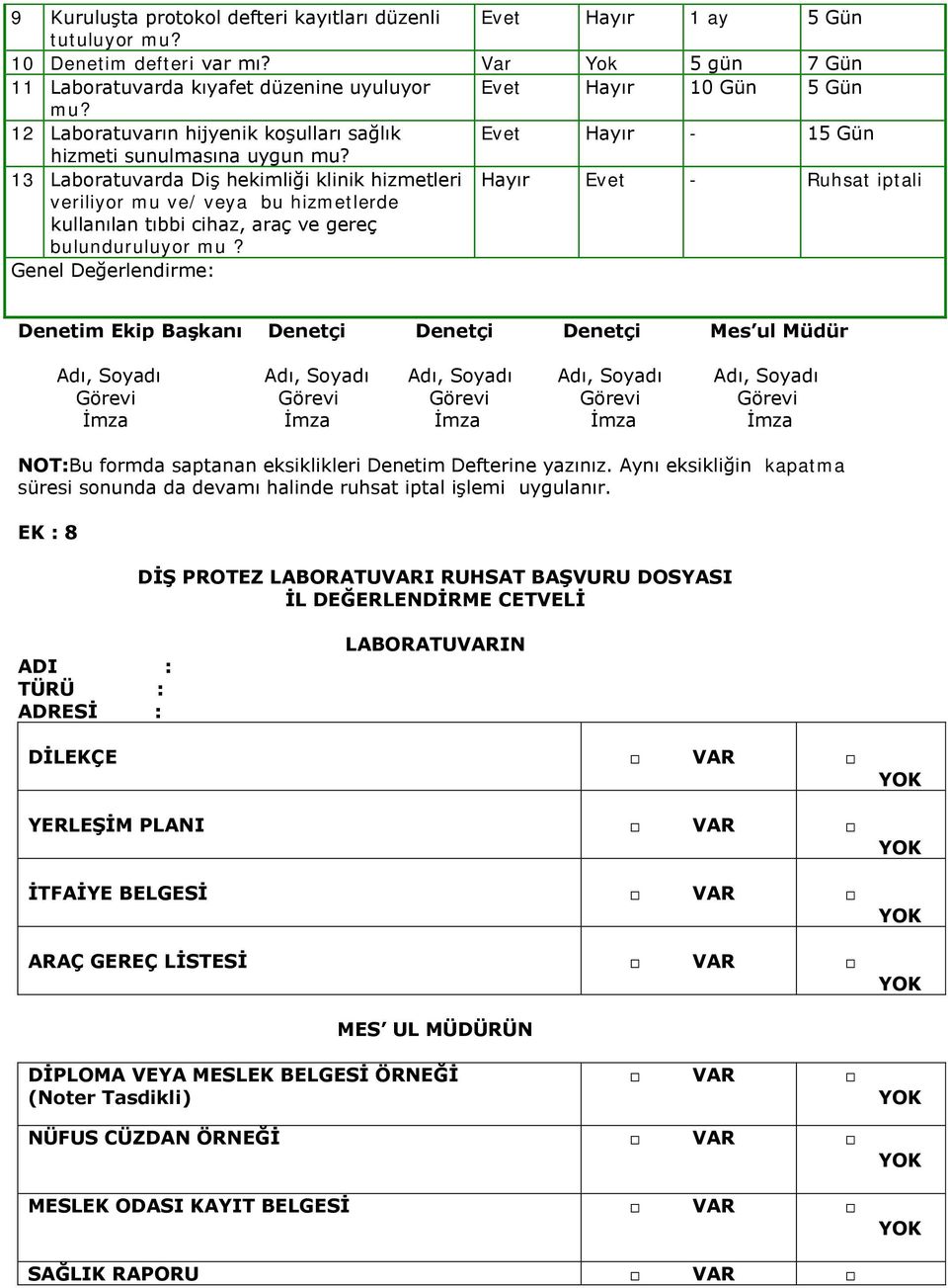 13 Laboratuvarda Diş hekimliği klinik hizmetleri Hayır Evet - Ruhsat iptali veriliyor mu ve/ veya bu hizmetlerde kullanılan tıbbi cihaz, araç ve gereç bulunduruluyor mu?