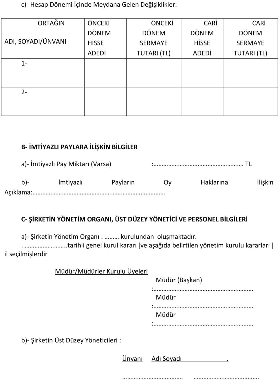 TL b)- İmtiyazlı Payların Oy Haklarına İlişkin Açıklama: C- ŞİRKETİN YÖNETİM ORGANI, ÜST DÜZEY YÖNETİCİ VE PERSONEL BİLGİLERİ a)- Şirketin Yönetim Organı : kurulundan