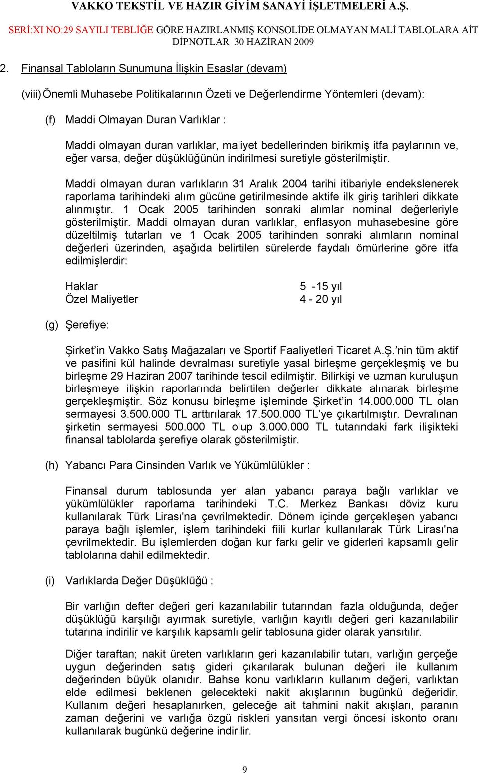 Maddi olmayan duran varlıkların 31 Aralık 2004 tarihi itibariyle endekslenerek raporlama tarihindeki alım gücüne getirilmesinde aktife ilk giriş tarihleri dikkate alınmıştır.