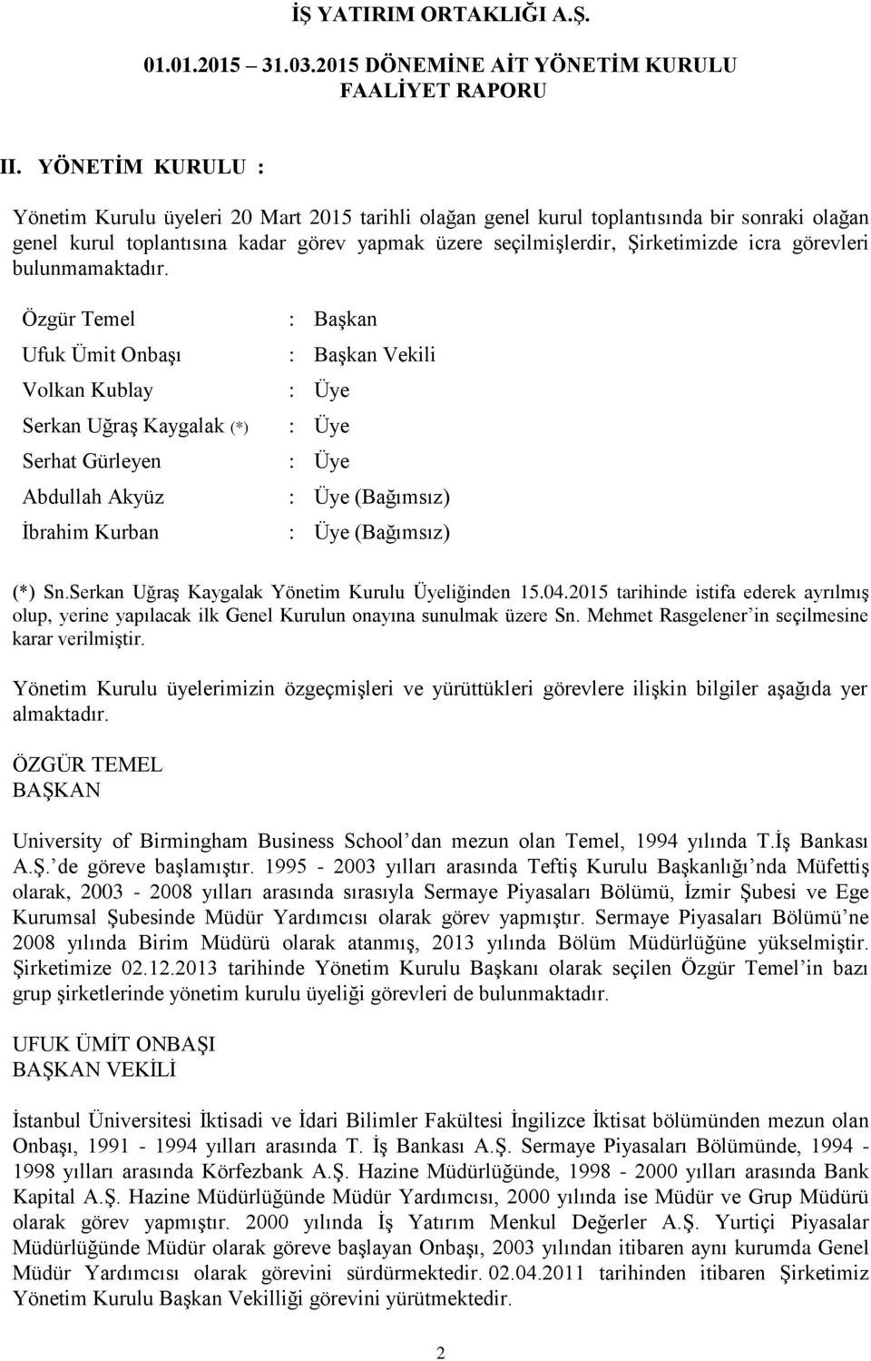 Özgür Temel Ufuk Ümit Onbaşı Volkan Kublay Serkan Uğraş Kaygalak (*) Serhat Gürleyen Abdullah Akyüz İbrahim Kurban : Başkan : Başkan Vekili (Bağımsız) (Bağımsız) (*) Sn.