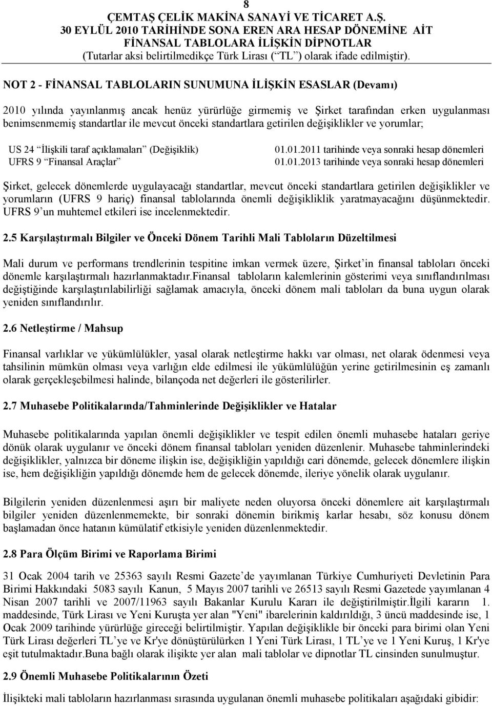 01.2011 tarihinde veya sonraki hesap dönemleri 01.01.2013 tarihinde veya sonraki hesap dönemleri irket, gelecek dönemlerde uygulayacah= standartlar, mevcut önceki standartlara getirilen dehiaiklikler