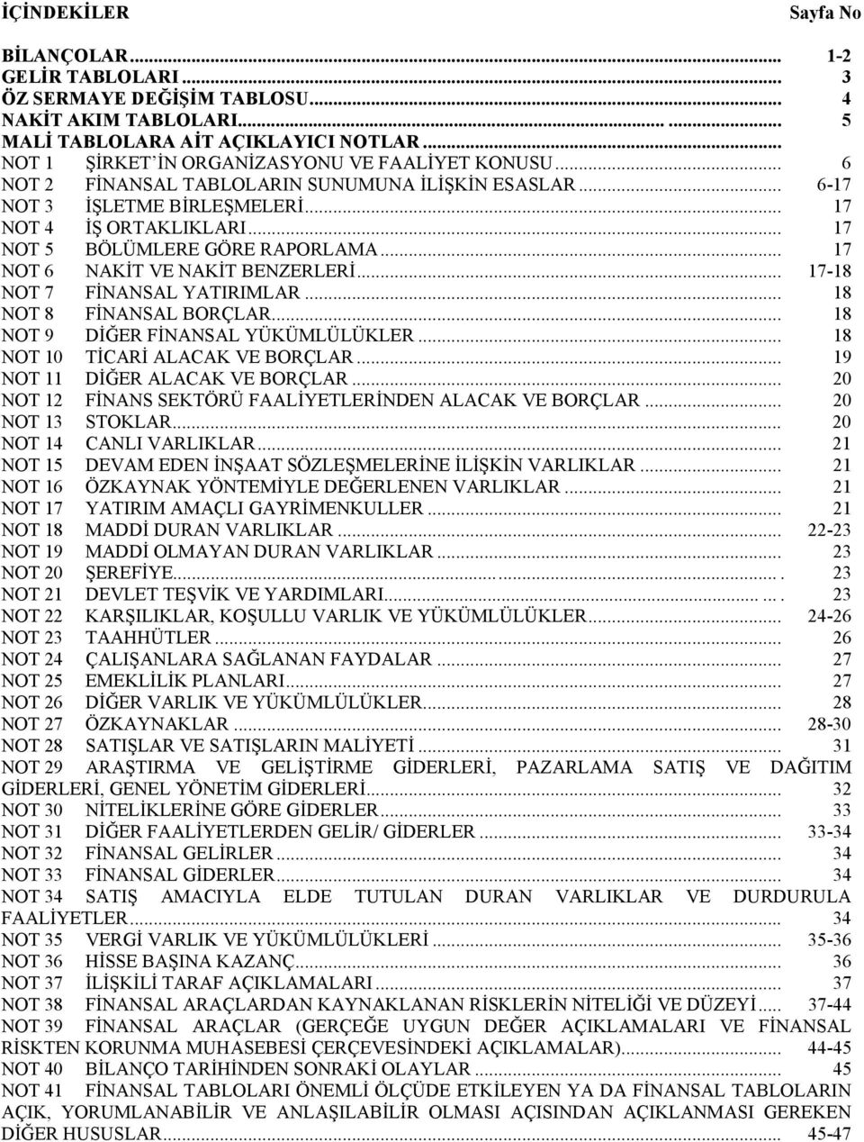 .. 17-18 NOT 7 FNANSAL YATIRIMLAR... 18 NOT 8 FNANSAL BORÇLAR... 18 NOT 9 D'ER FNANSAL YÜKÜMLÜLÜKLER... 18 NOT 10 TCAR ALACAK VE BORÇLAR... 19 NOT 11 D'ER ALACAK VE BORÇLAR.