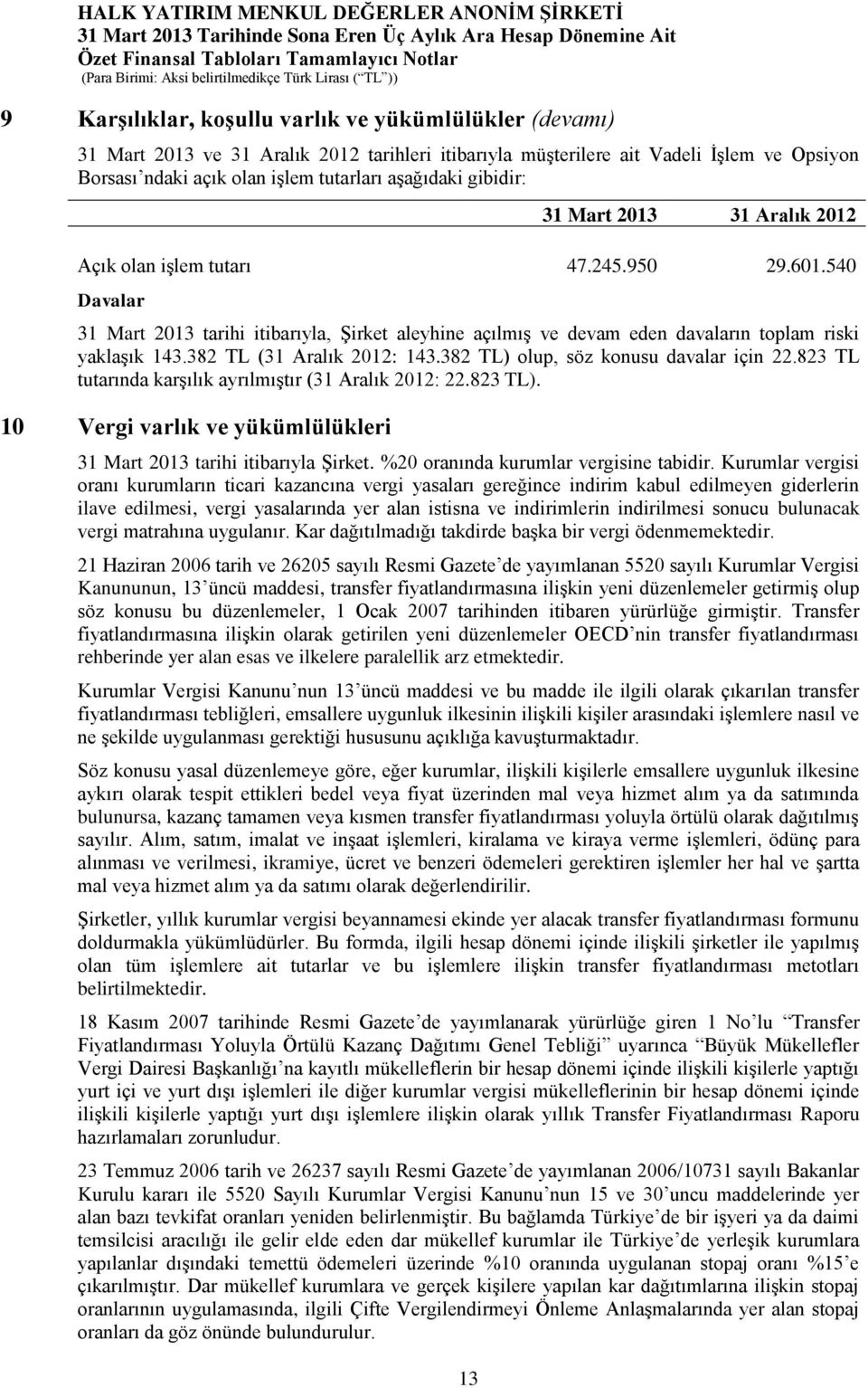 382 TL) olup, söz konusu davalar için 22.823 TL tutarında karşılık ayrılmıştır (31 Aralık 2012: 22.823 TL). 10 Vergi varlık ve yükümlülükleri 31 Mart 2013 tarihi itibarıyla Şirket.