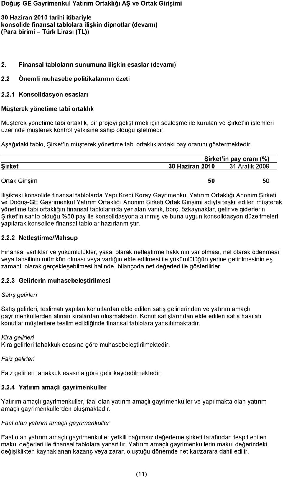 Aşağıdaki tablo, Şirket in müşterek yönetime tabi ortaklıklardaki pay oranını göstermektedir: Şirket in pay oranı (%) Şirket Ortak Girişim 50 50 İlişikteki konsolide finansal tablolarda Yapı Kredi