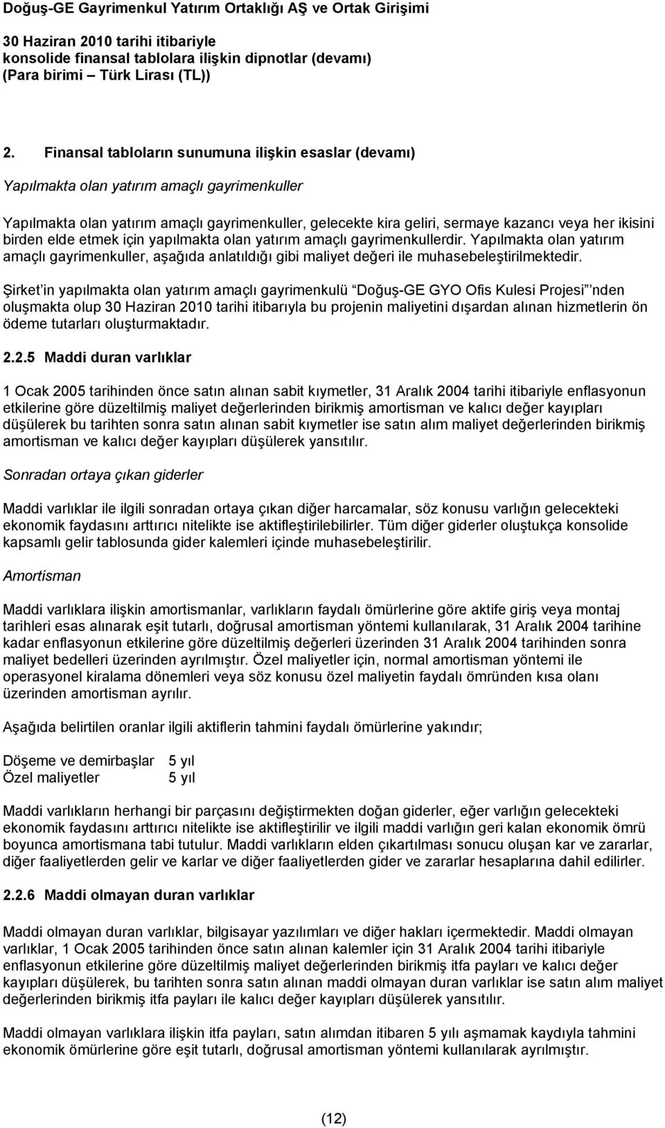 Şirket in yapılmakta olan yatırım amaçlı gayrimenkulü Doğuş-GE GYO Ofis Kulesi Projesi nden oluşmakta olup tarihi itibarıyla bu projenin maliyetini dışardan alınan hizmetlerin ön ödeme tutarları