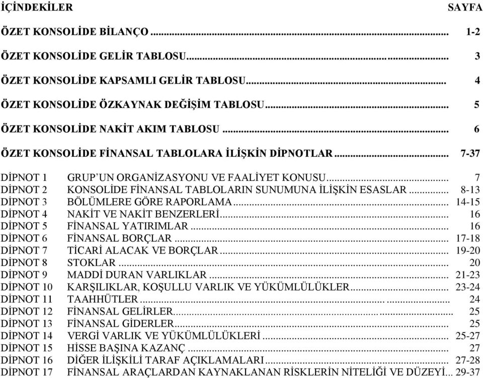 .. 8-13 DĠPNOT 3 BÖLÜMLERE GÖRE RAPORLAMA... 14-15 DĠPNOT 4 NAKĠT VE NAKĠT BENZERLERĠ... 16 DĠPNOT 5 FĠNANSAL YATIRIMLAR... 16 DĠPNOT 6 FĠNANSAL BORÇLAR... 17-18 DĠPNOT 7 TĠCARĠ ALACAK VE BORÇLAR.