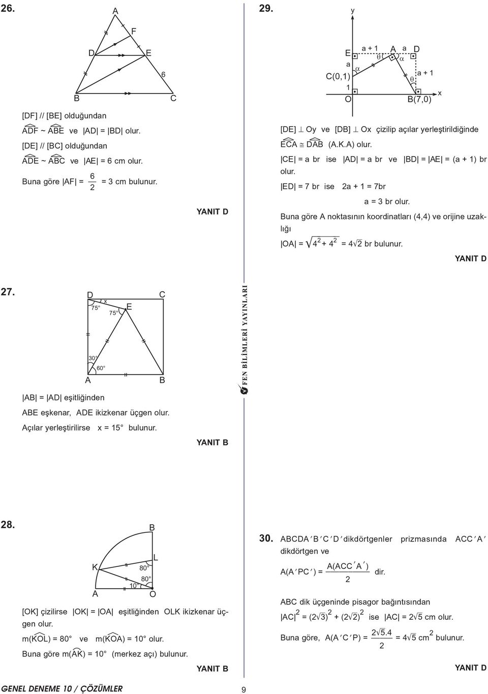 una göre noktasýnýn koordinatlarý (4,4) ve orijine uzaklýðý O = M4 + 4 = 4M br bulunur. YNIT D 7. D x 75 75 E C 30 60 = D eþitliðinden E eþkenar, DE ikizkenar üçgen olur.