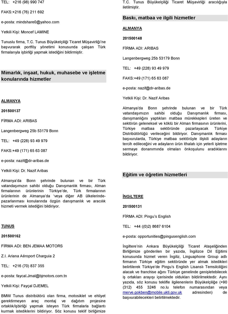 Mimarlık, inşaat, hukuk, muhasebe ve işletme konularında hizmetler T.C. Tunus Büyükelçiliği Ticaret Müşavirliği aracılığıyla iletilmiştir.