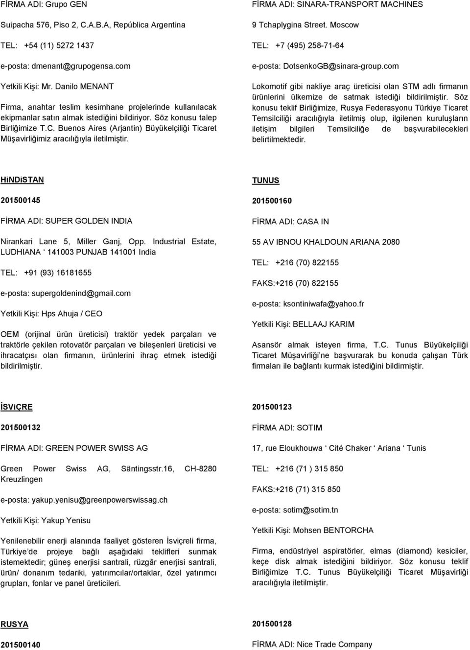 Buenos Aires (Arjantin) Büyükelçiliği Ticaret Müşavirliğimiz FİRMA ADI: SINARA-TRANSPORT MACHINES 9 Tchaplygina Street. Moscow TEL: +7 (495) 258-71-64 e-posta: DotsenkoGB@sinara-group.