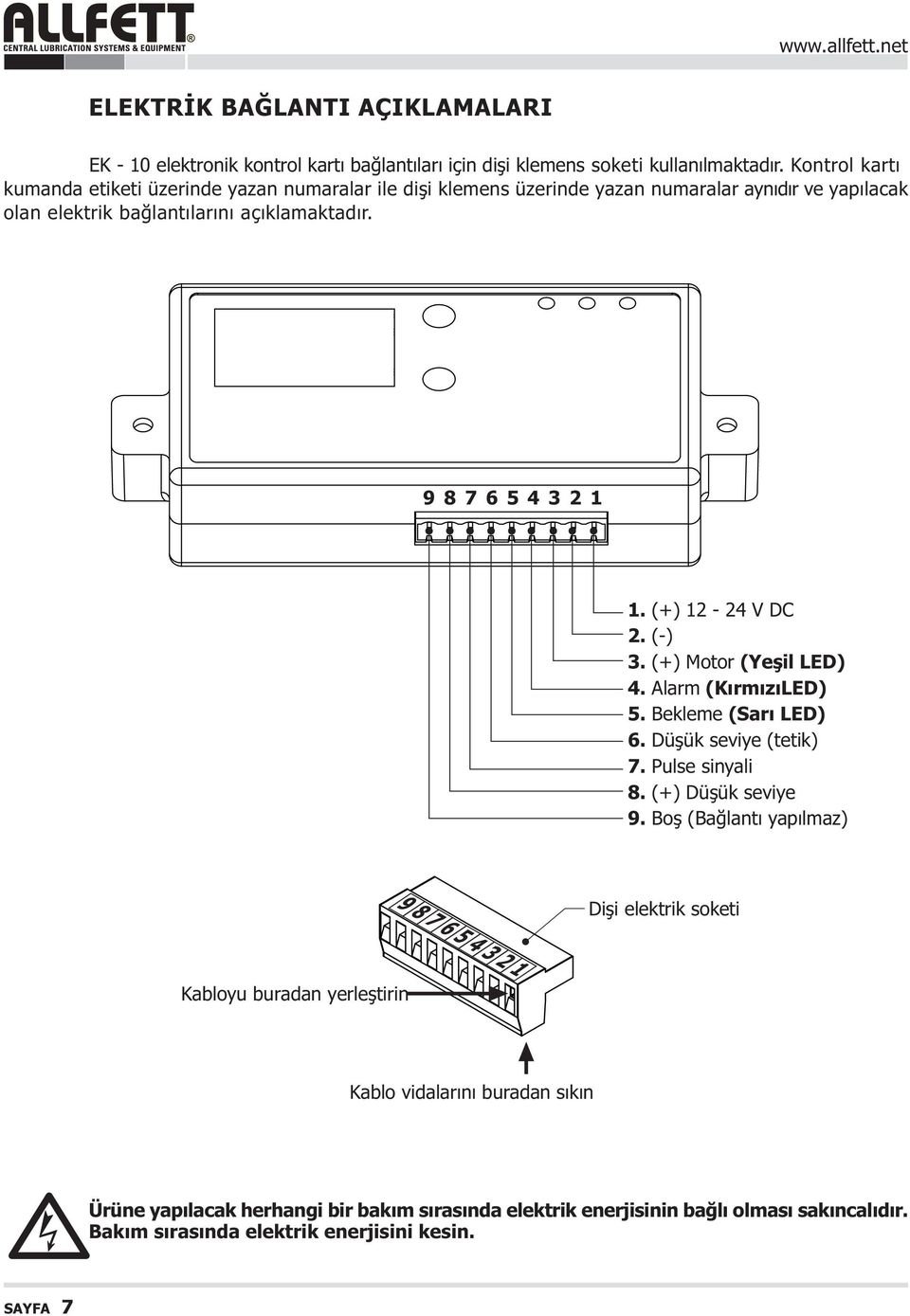 (+) 12-24 V DC 2. (-) 3. (+) Motor (Yeþil LED) 4. Alarm (KýrmýzýLED) 5. Bekleme (Sarý LED) 6. Düþük seviye (tetik) 7. Pulse sinyali 8. (+) Düþük seviye 9.