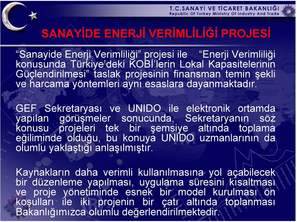 GEF Sekretaryası ve UNIDO ile elektronik ortamda yapılan görüşmeler sonucunda, Sekretaryanın söz konusu projeleri tek bir şemsiye altında toplama eğiliminde olduğu, bu konuya UNIDO