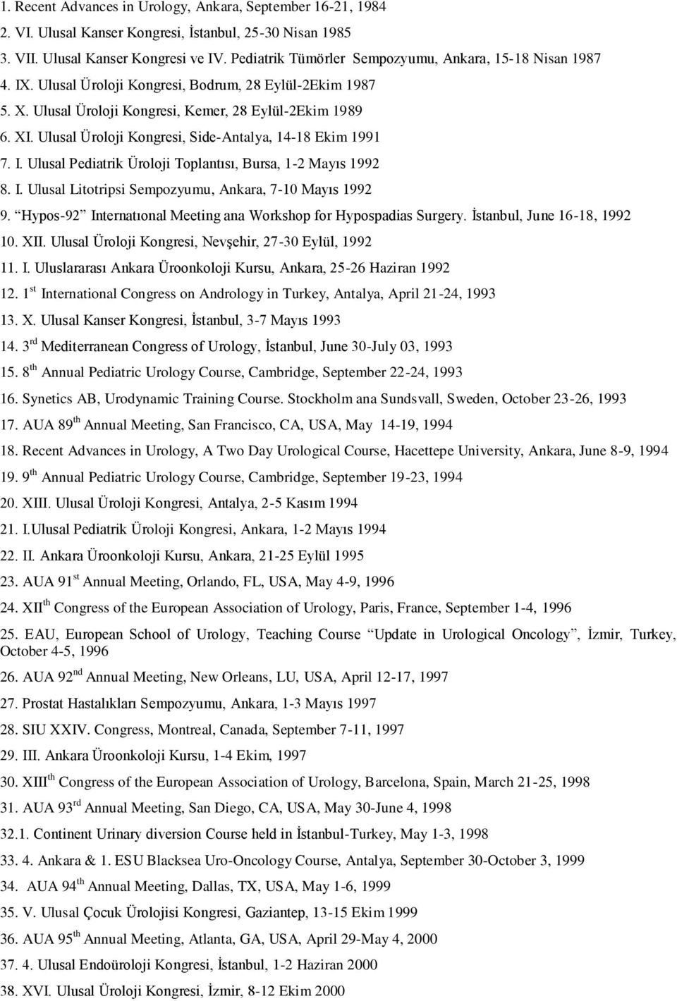 Ulusal Üroloji Kongresi, Side-Antalya, 14-18 Ekim 1991 7. I. Ulusal Pediatrik Üroloji Toplantısı, Bursa, 1-2 Mayıs 1992 8. I. Ulusal Litotripsi Sempozyumu, Ankara, 7-10 Mayıs 1992 9.