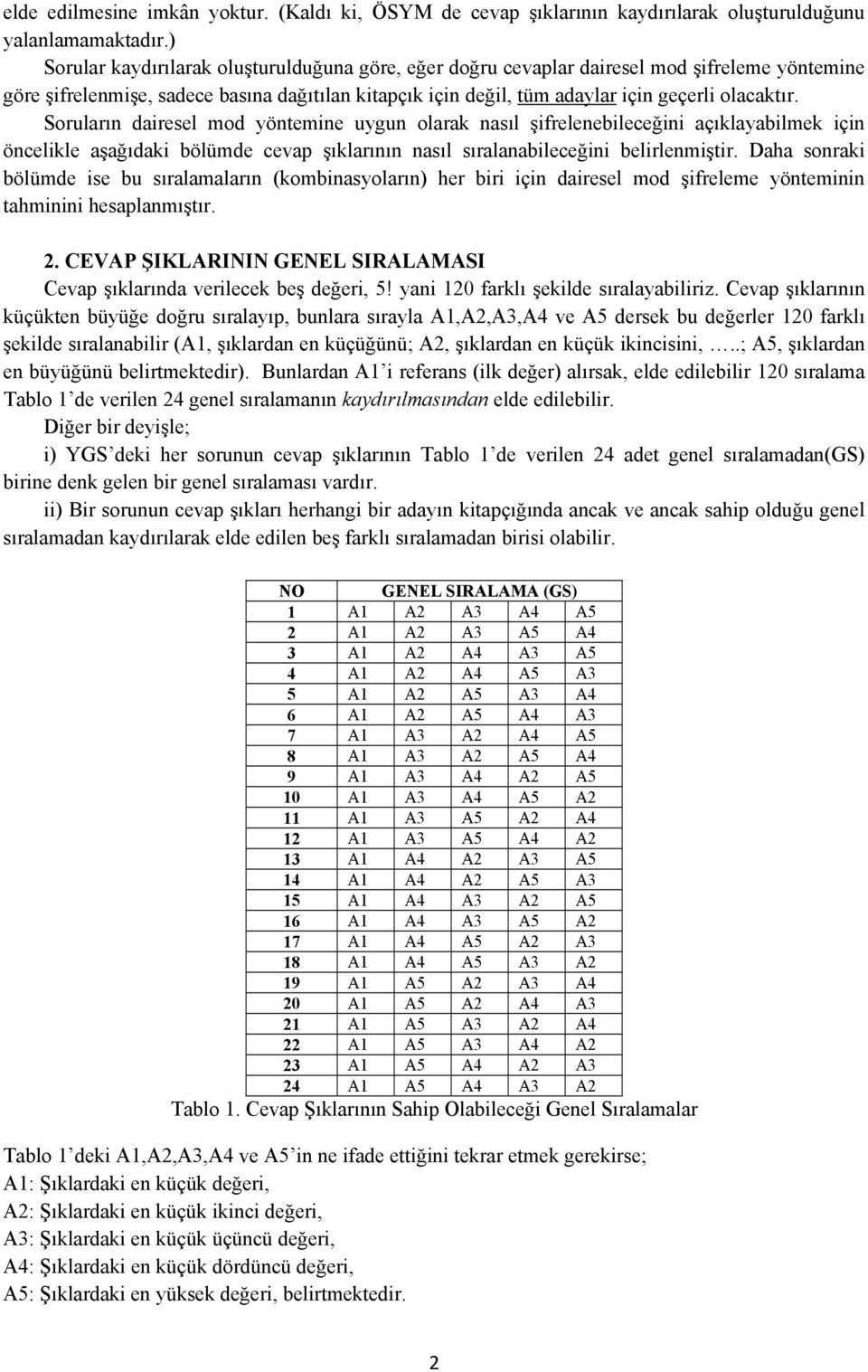 Soruların dairesel mod yöntemine uygun olarak nasıl şifrelenebileceğini açıklayabilmek için öncelikle aşağıdaki bölümde cevap şıklarının nasıl sıralanabileceğini belirlenmiştir.