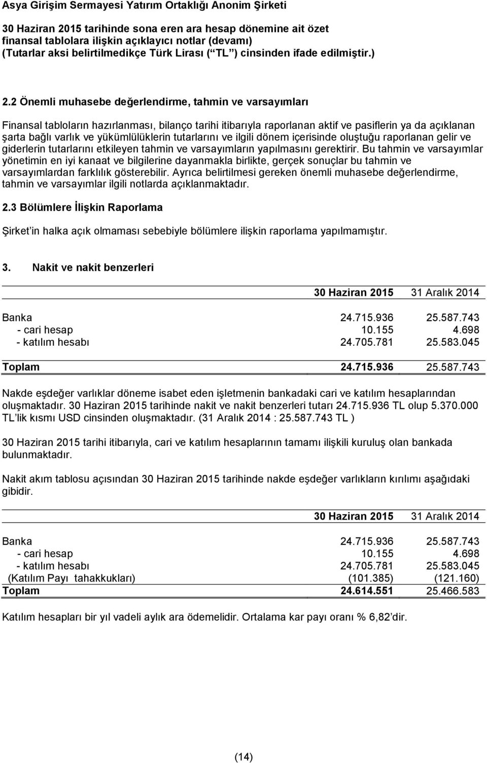 Bu tahmin ve varsayımlar yönetimin en iyi kanaat ve bilgilerine dayanmakla birlikte, gerçek sonuçlar bu tahmin ve varsayımlardan farklılık gösterebilir.