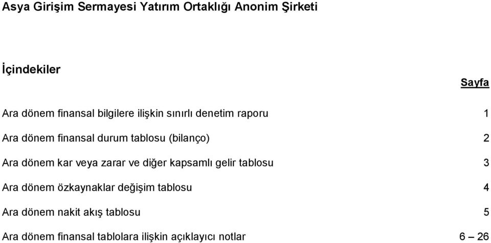 diğer kapsamlı gelir tablosu 3 Ara dönem özkaynaklar değişim tablosu 4 Ara