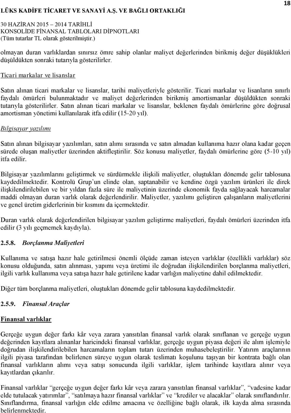 Ticari markalar ve lisanların sınırlı faydalı ömürleri bulunmaktadır ve maliyet değerlerinden birikmiş amortismanlar düşüldükten sonraki tutarıyla gösterilirler.