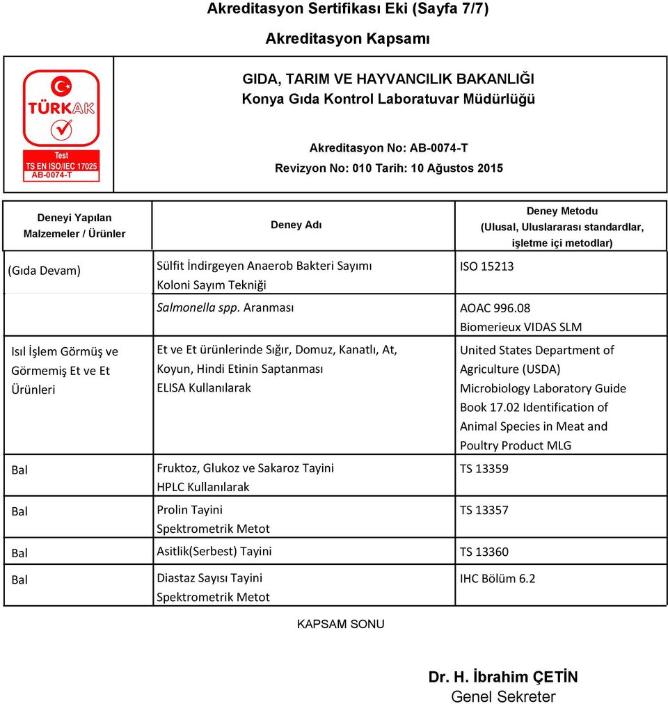 08 Biomerieux VIDAS SLM Et ve Et ürünlerinde Sığır, Domuz, Kanatlı, At, Koyun, Hindi Etinin Saptanması ELISA Kullanılarak Fruktoz, Glukoz ve Sakaroz Tayini HPLC Kullanılarak Prolin