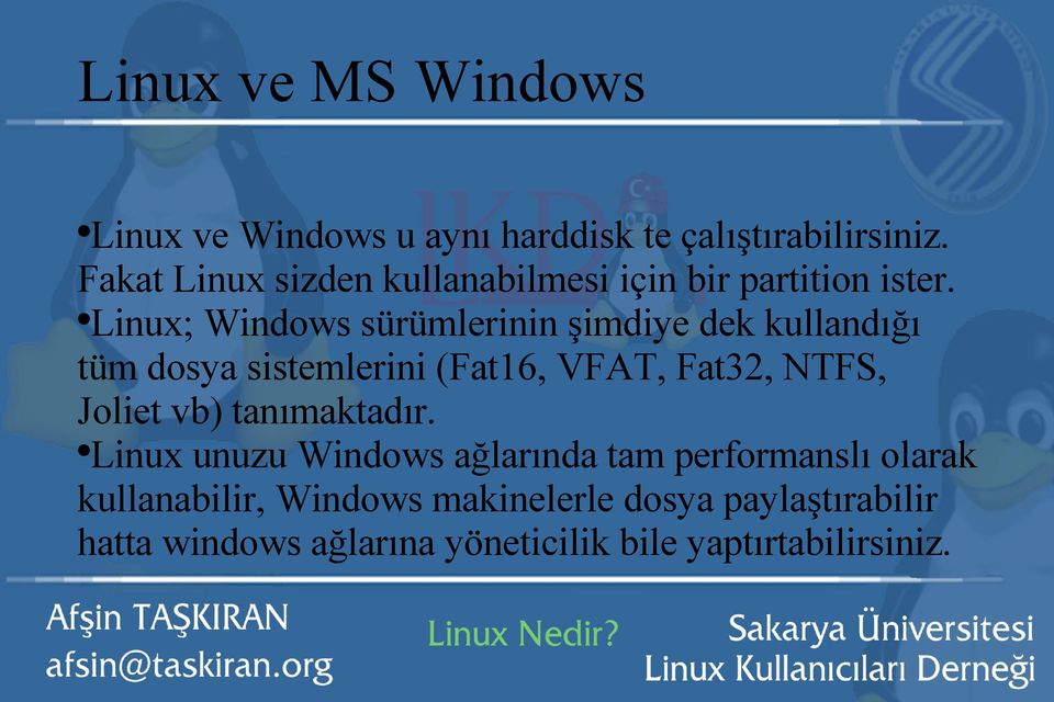 Linux; Windows sürümlerinin şimdiye dek kullandığı tüm dosya sistemlerini (Fat16, VFAT, Fat32, NTFS, Joliet