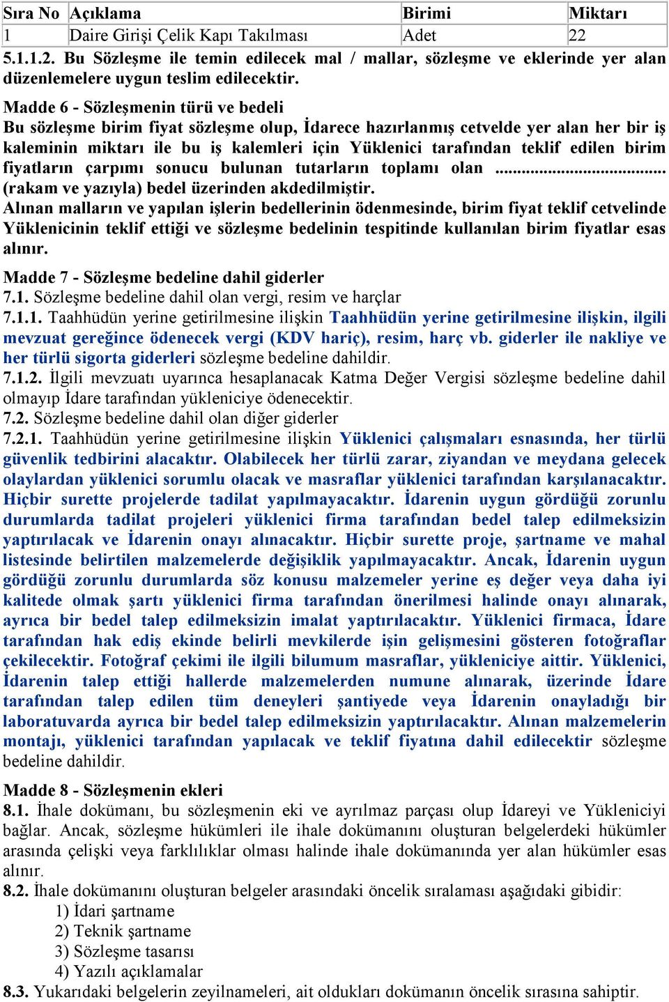 edilen birim fiyatların çarpımı sonucu bulunan tutarların toplamı olan... (rakam ve yazıyla) bedel üzerinden akdedilmiştir.