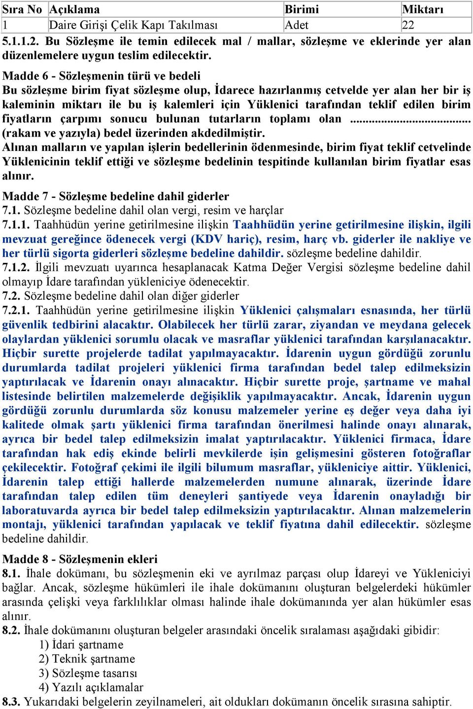 edilen birim fiyatların çarpımı sonucu bulunan tutarların toplamı olan... (rakam ve yazıyla) bedel üzerinden akdedilmiştir.