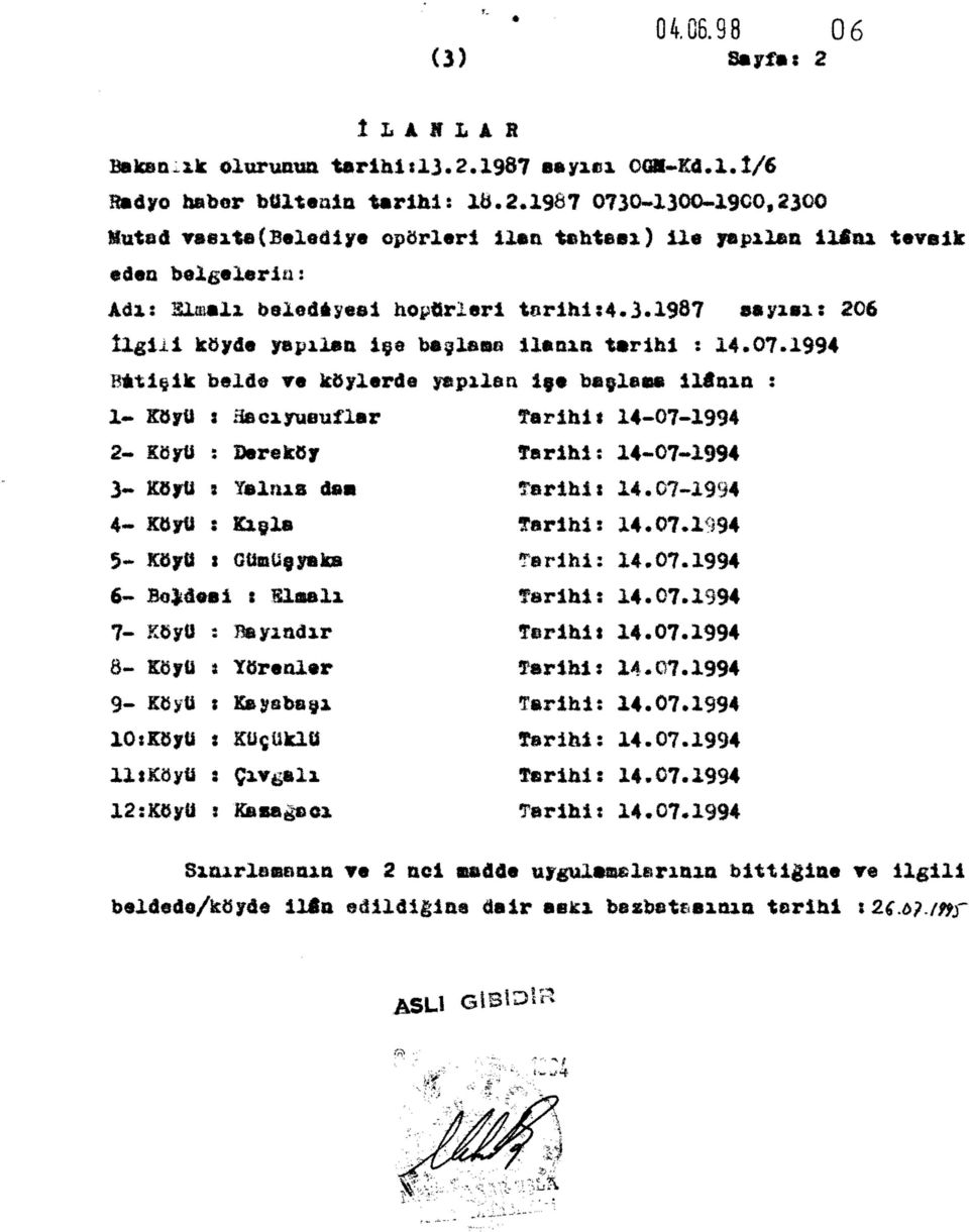 1994 Bitişik belde ve köylerde yapılan İşe başlasa ilinin : 1- Köyü s aecıyueuflar tarihi t 14-07-1994 2- Köyü s Dereköy Tarihi: 14-07-1994 3- Köyü t Yalnız da«tarihiı 14.