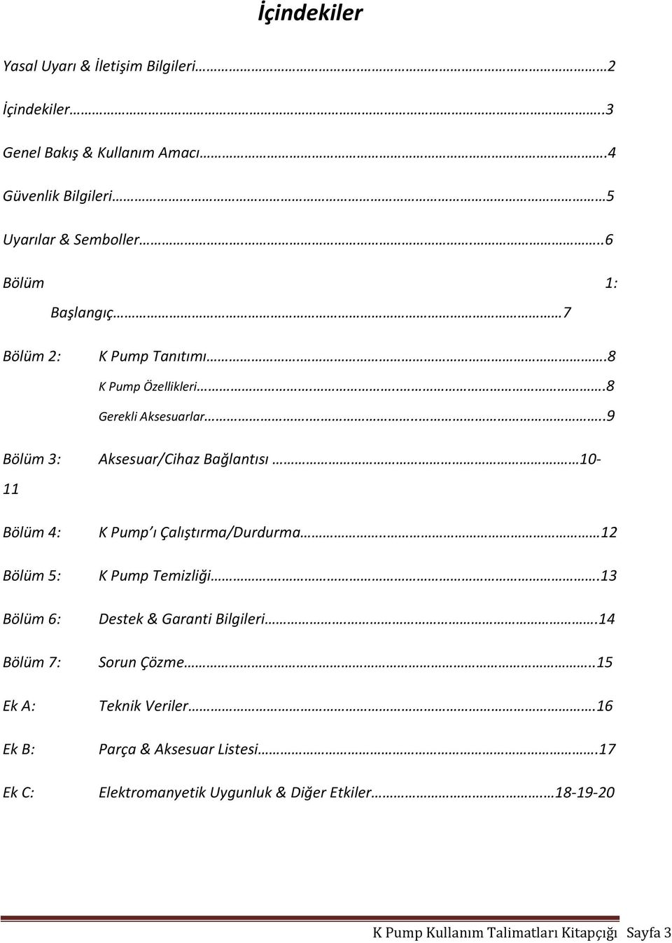 ...8 Gerekli Aksesuarlar.....9 Aksesuar/Cihaz Bağlantısı. 10- K Pump ı Çalıştırma/Durdurma.. 12 K Pump Temizliği..13 Destek & Garanti Bilgileri.