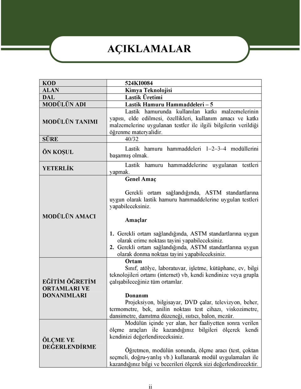 SÜRE 40/32 ÖN KOŞUL YETERLİK AÇIKLAMALAR Lastik hamuru hammaddeleri 1 2 3 4 modüllerini başarmış olmak. Lastik hamuru hammaddelerine uygulanan testleri yapmak.