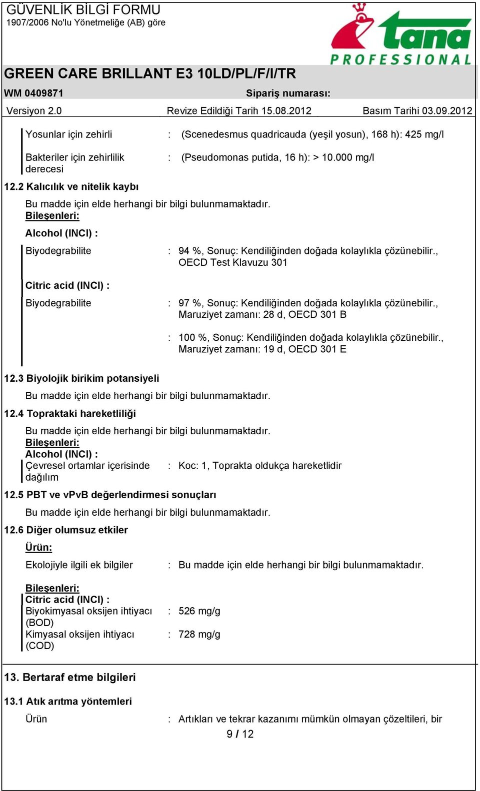 , OECD Test Klavuzu 301 Citric acid (INCI) : Biyodegrabilite : 97 %, Sonuç: Kendiliğinden doğada kolaylıkla çözünebilir.