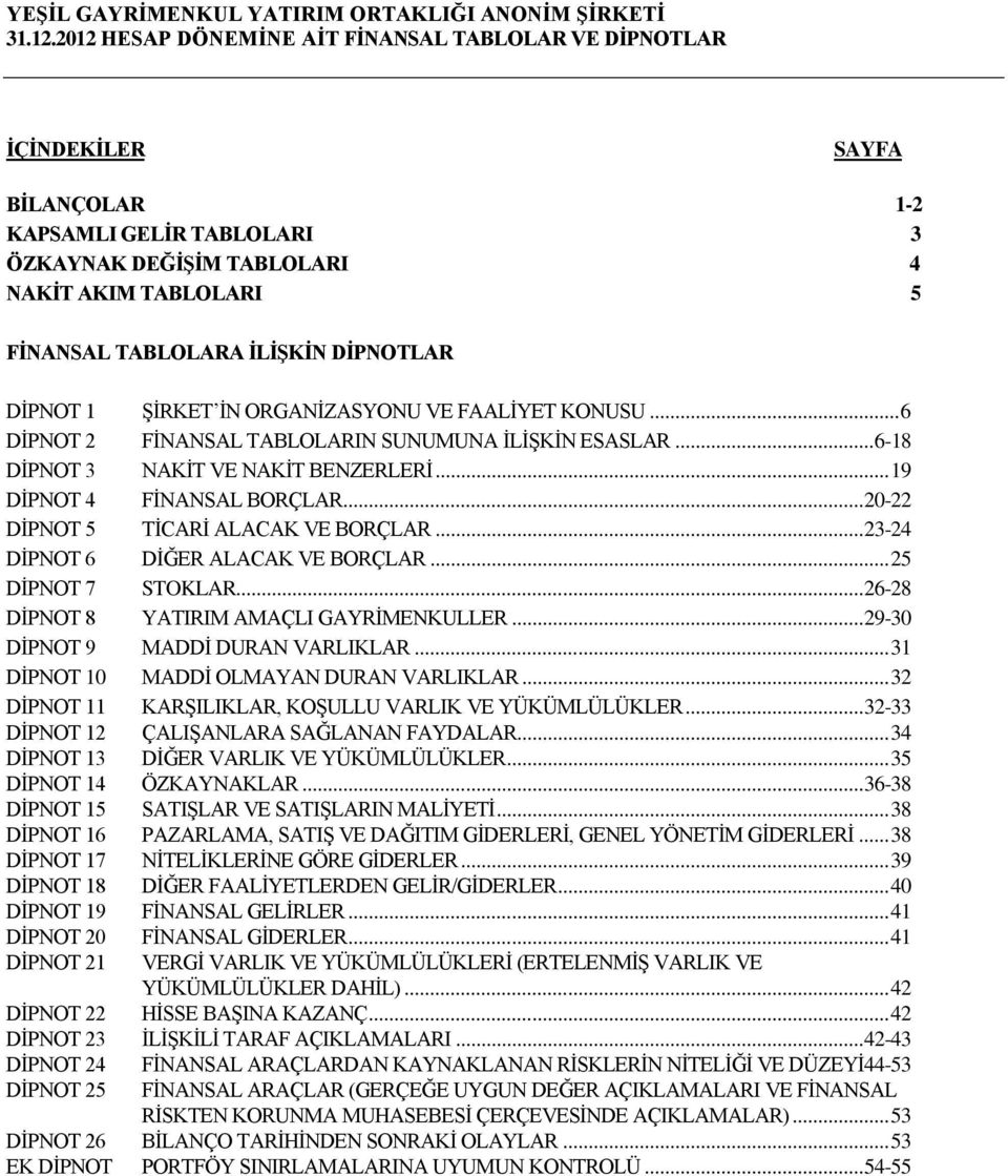 VE FAALİYET KONUSU... 6 DİPNOT 2 FİNANSAL TABLOLARIN SUNUMUNA İLİŞKİN ESASLAR... 6-18 DİPNOT 3 NAKİT VE NAKİT BENZERLERİ... 19 DİPNOT 4 FİNANSAL BORÇLAR... 20-22 DİPNOT 5 TİCARİ ALACAK VE BORÇLAR.